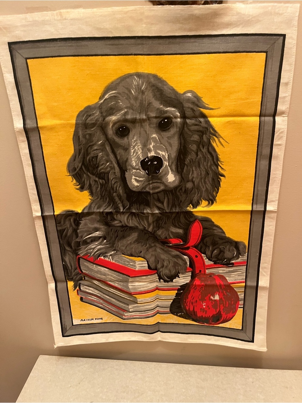 Vintage Cocker Spaniel Dog Books Apple Kitchen Towel